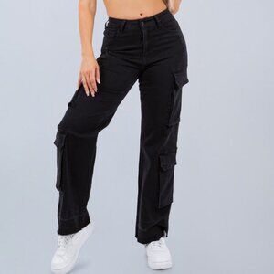 Women's Vintage 90s Streetwear Faded Baggy Wide Leg Cargo Jeans - Black